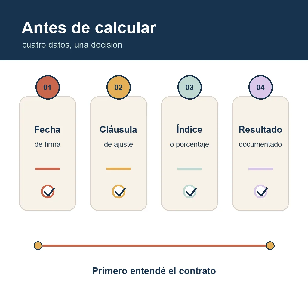 Diagrama con fecha de firma, cláusula, índice y resultado antes de calcular el alquiler