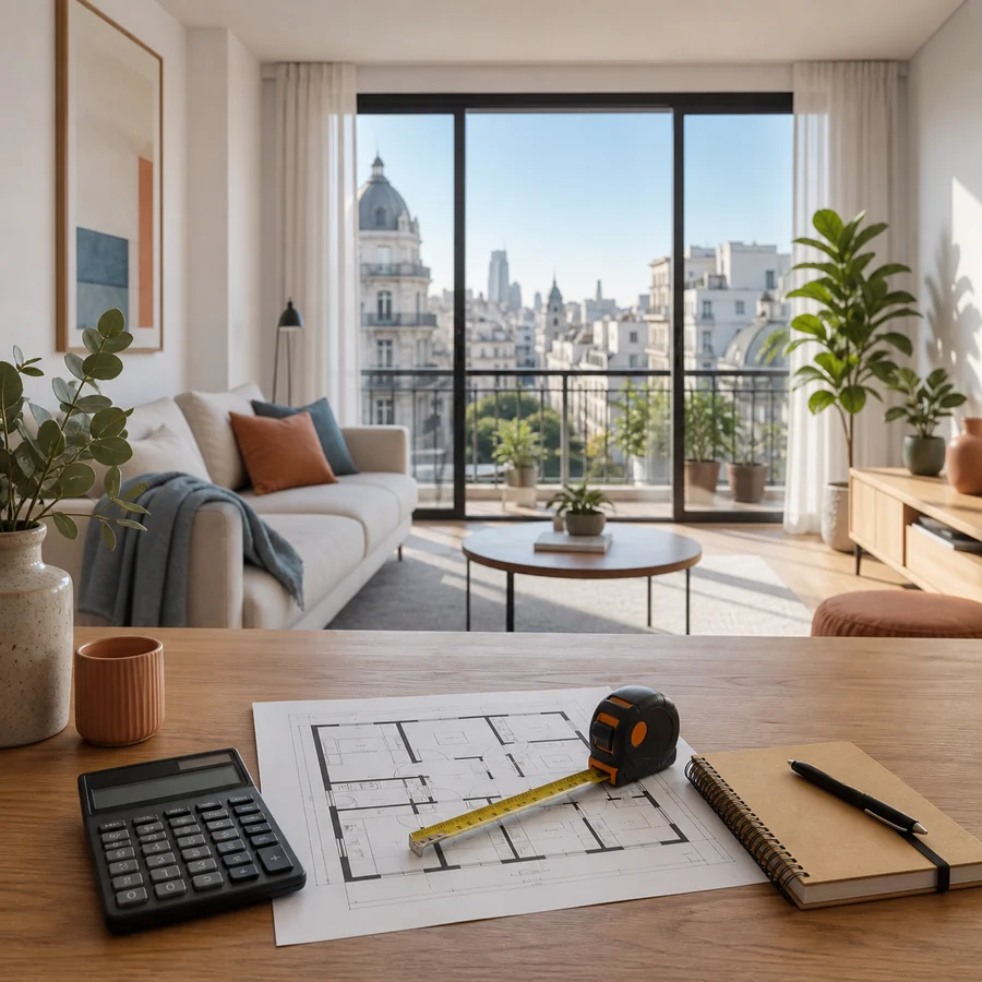 Calculadora de precio de alquiler junto a un plano y una cinta métrica en una vivienda