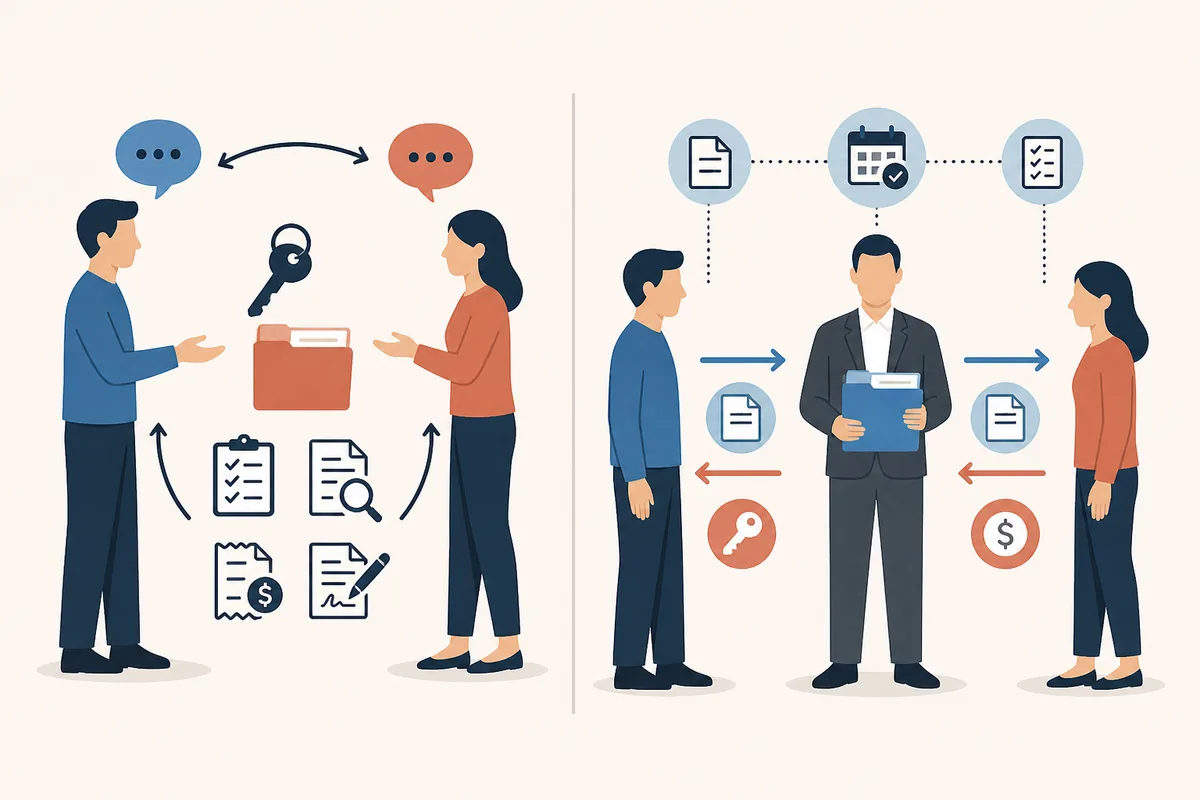 Comparación visual entre una negociación directa y una operación de alquiler con intermediario