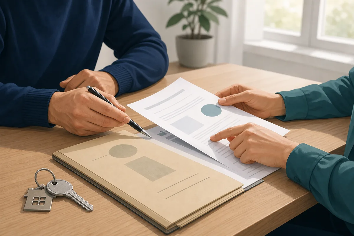 Personas revisando documentos de una garantía propietaria junto a las llaves de una vivienda