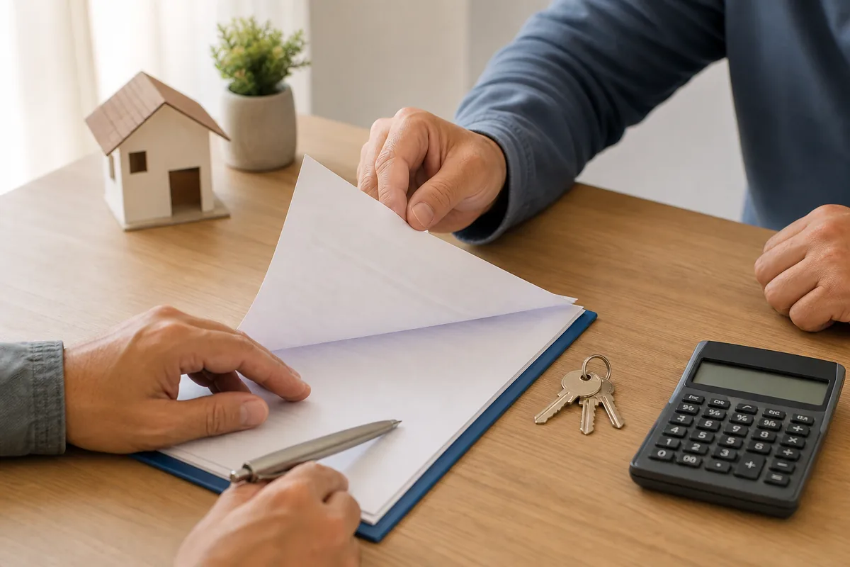 Ilustración editorial de dos personas revisando un contrato de alquiler de vivienda