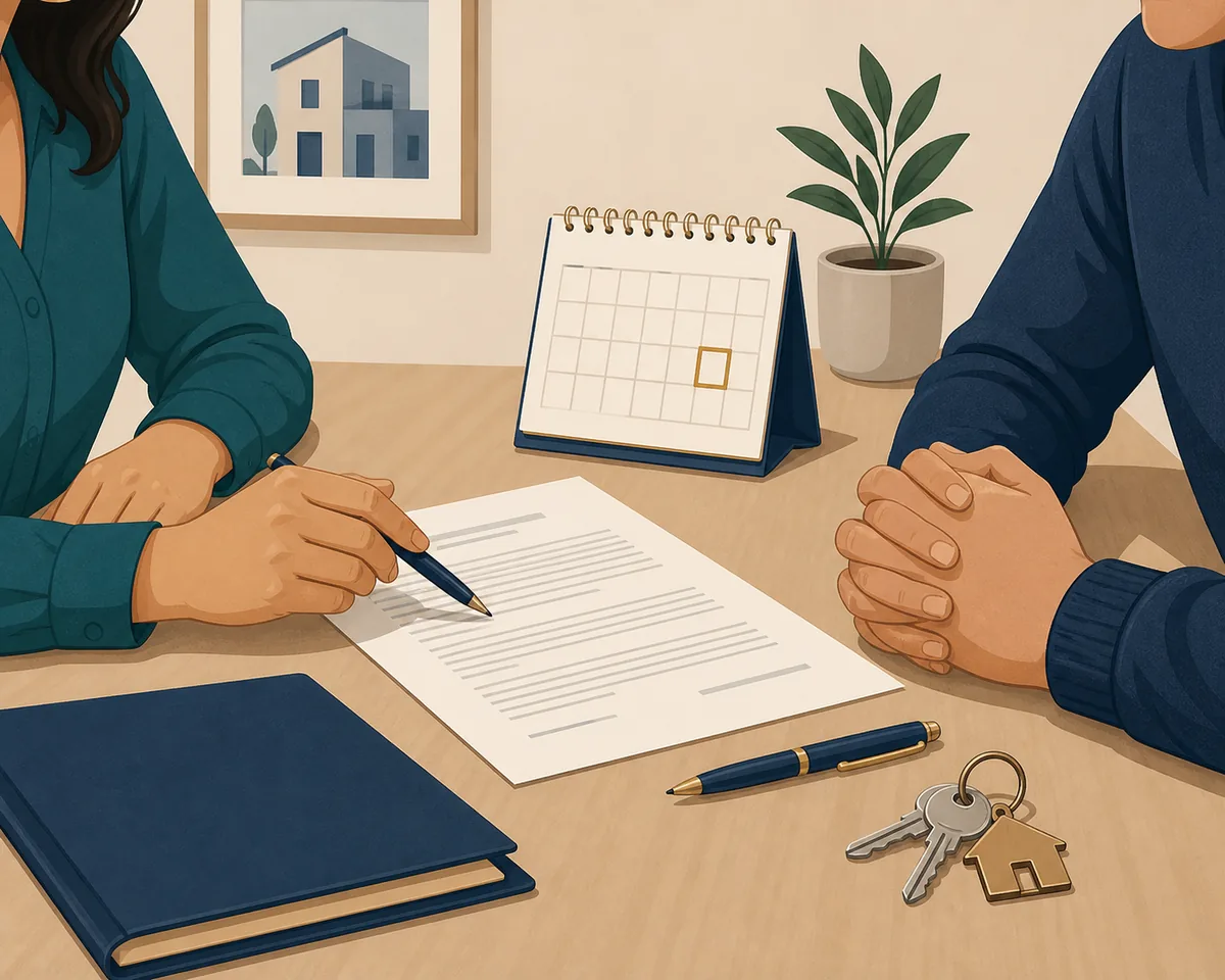 Personas revisando un contrato de alquiler junto a un calendario y llaves de una vivienda